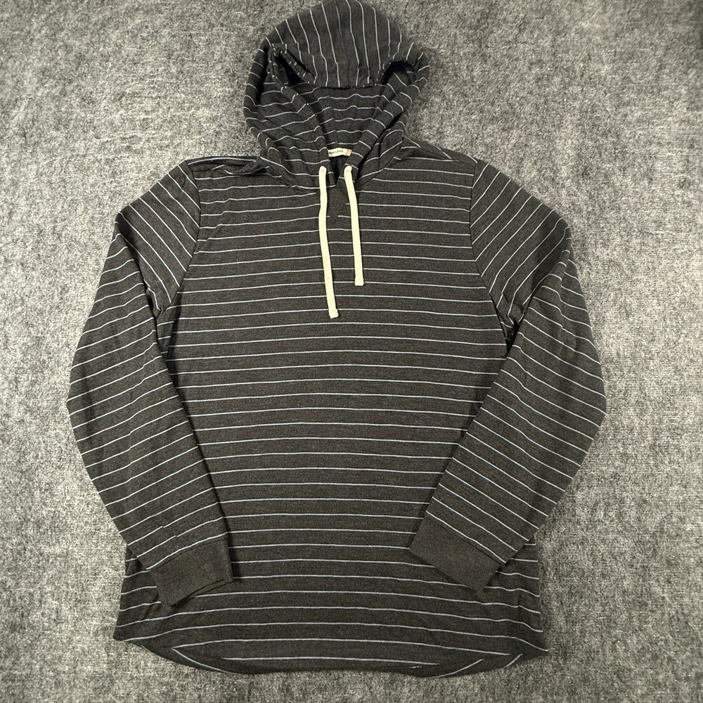 Marine Layer 14649 Mens Large Striped Pullover Hoodie Dark Charcoal Grey Blue